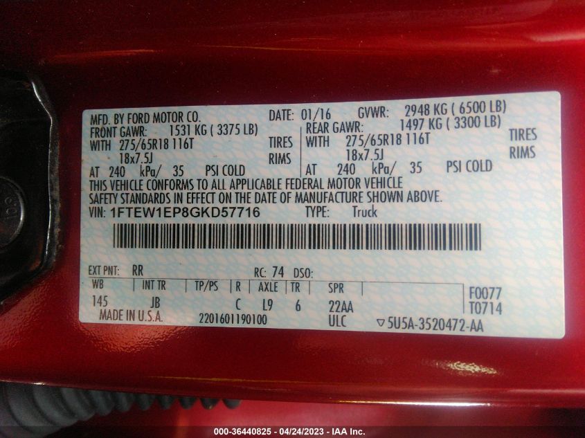 2016 FORD F-150 XLT/XL/LARIAT - 1FTEW1EP8GKD57716