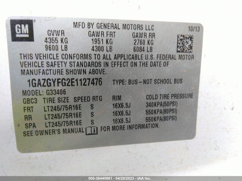 2014 CHEVROLET EXPRESS 3500 LT 1GAZGYFG2E1127476