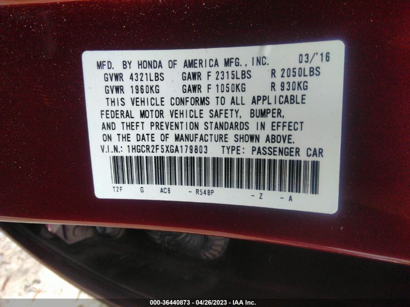 2016 HONDA ACCORD SEDAN SPORT - 1HGCR2F5XGA179803