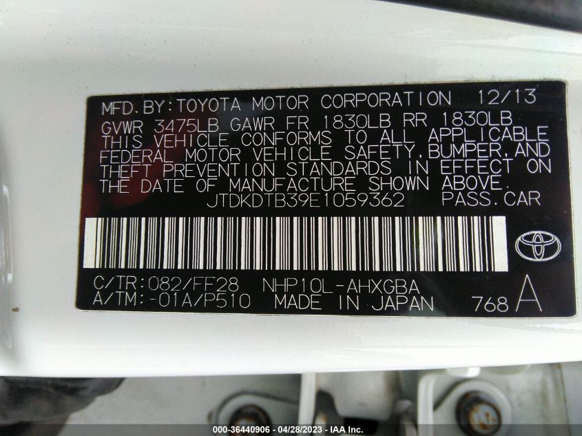 2014 TOYOTA PRIUS C ONE/THREE/TWO/FOUR - JTDKDTB39E1059362