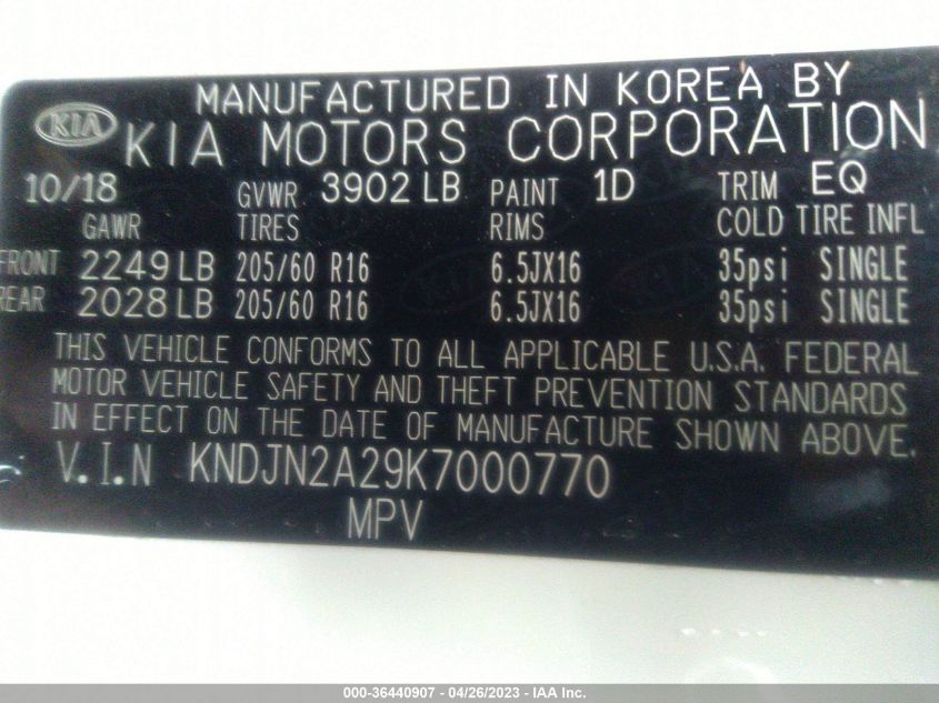 2019 KIA SOUL BASE - KNDJN2A29K7000770