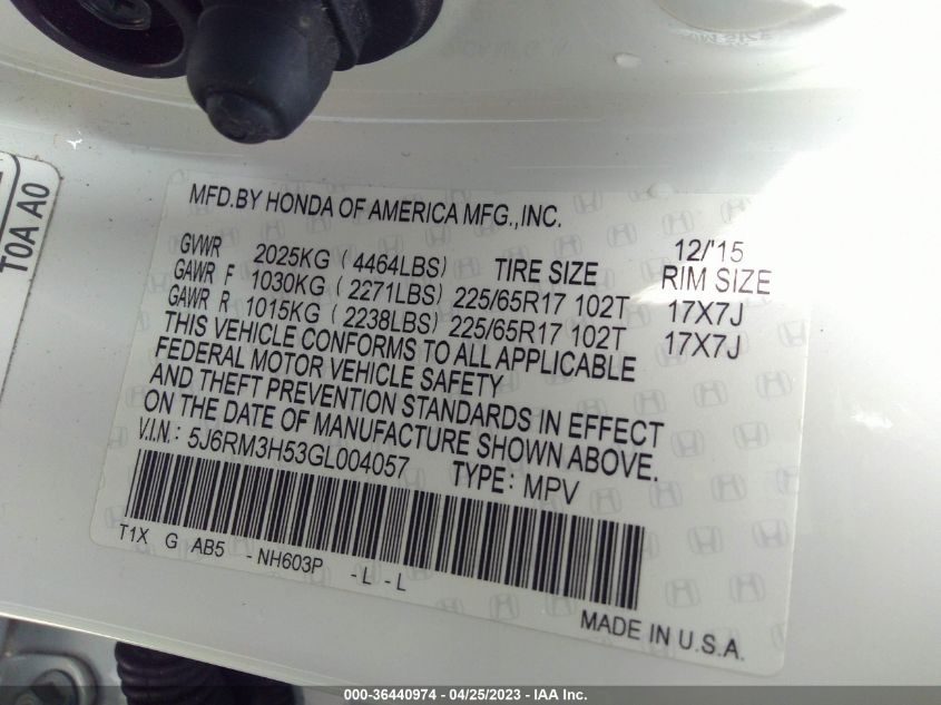 2016 HONDA CR-V EX - 5J6RM3H53GL004057
