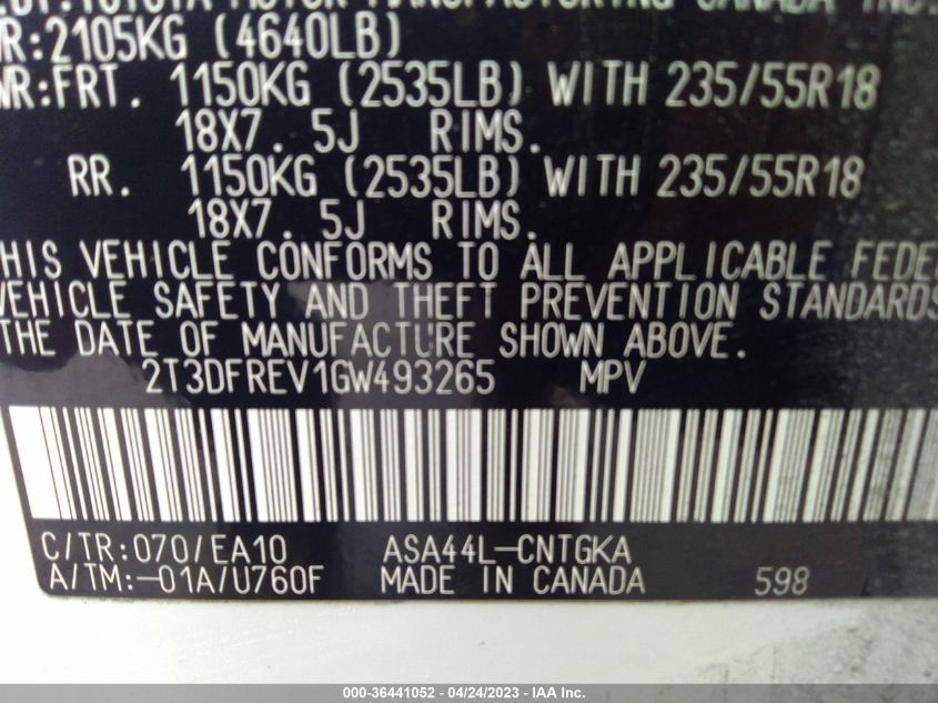 2016 TOYOTA RAV4 LIMITED - 2T3DFREV1GW493265