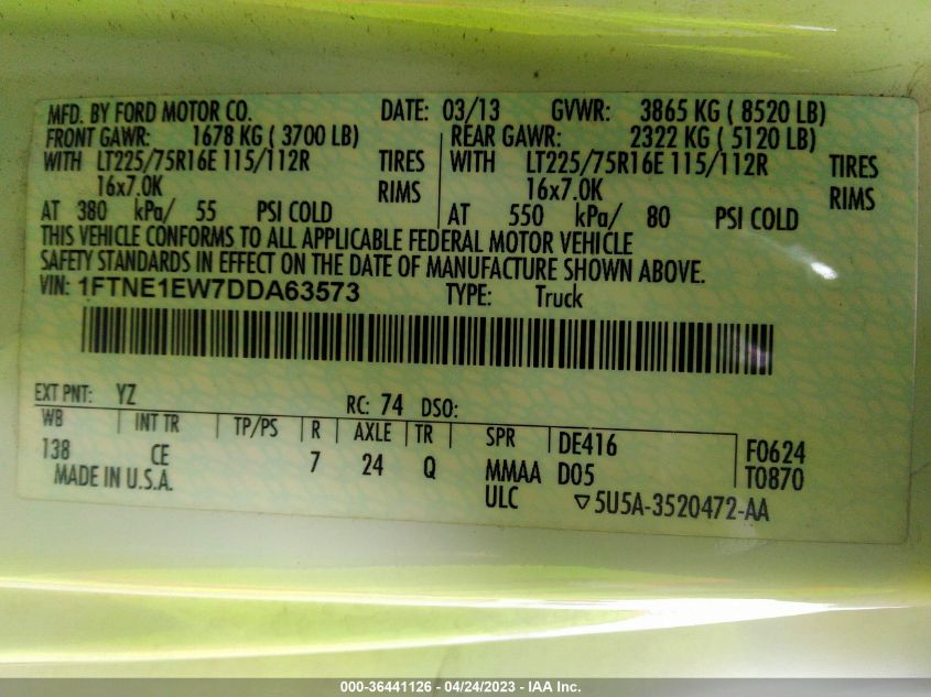 2013 FORD ECONOLINE CARGO VAN COMMERCIAL/RECREATIONAL 1FTNE1EW7DDA63573