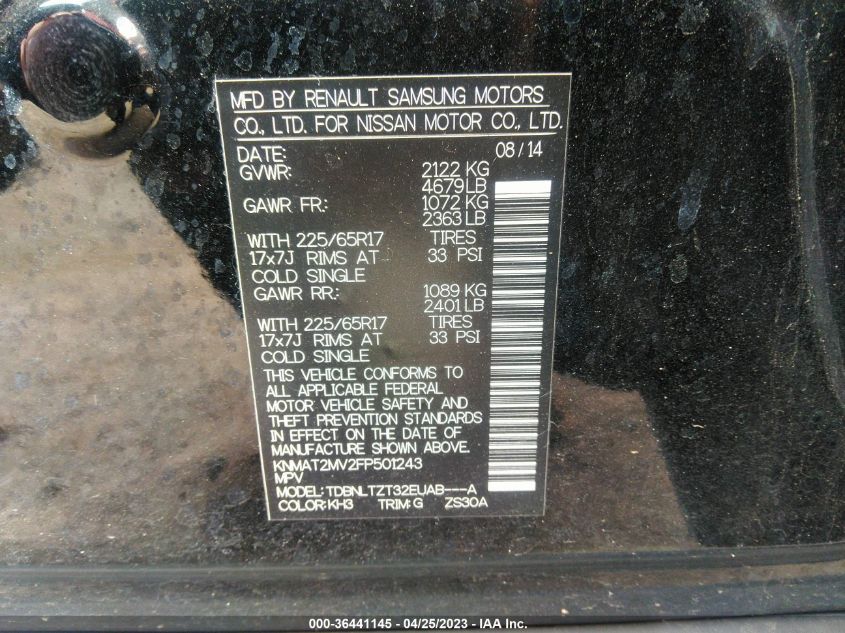 2015 NISSAN ROGUE SV - KNMAT2MV2FP501243