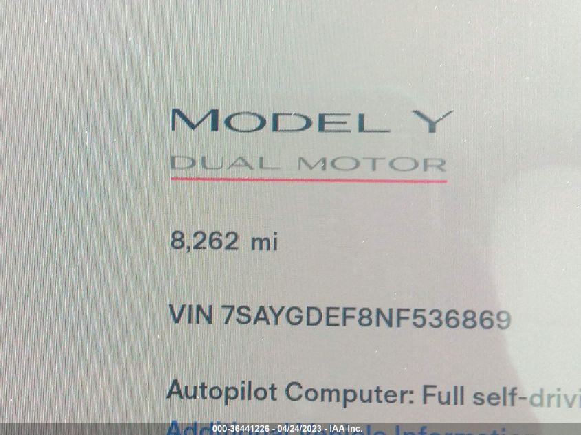 2022 TESLA MODEL Y PERFORMANCE - 7SAYGDEF8NF536869