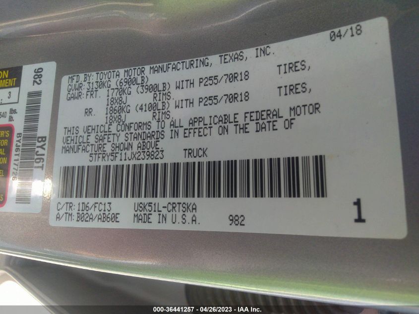 2018 TOYOTA TUNDRA 2WD SR/SR5/LIMITED 5TFRY5F11JX239823