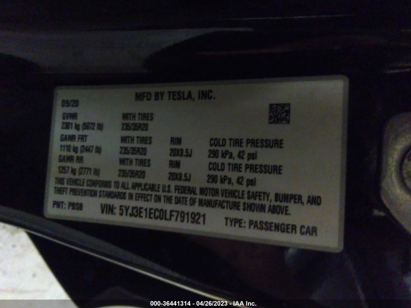 2020 TESLA MODEL 3 PERFORMANCE - 5YJ3E1EC0LF791921