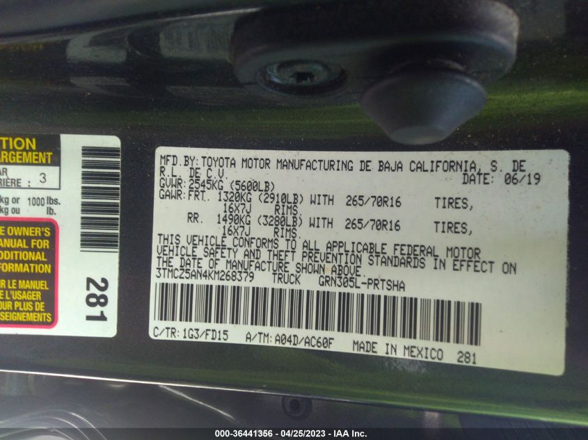 2019 TOYOTA TACOMA 4WD TRD OFF ROAD - 3TMCZ5AN4KM268379