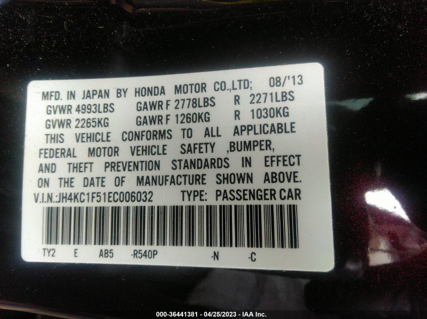 2014 ACURA RLX TECH PKG JH4KC1F51EC006032