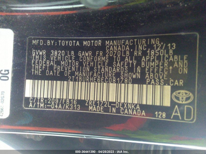 2014 TOYOTA COROLLA L/LE/S/S PLUS/LE PLUS - 2T1BURHE6EC081780