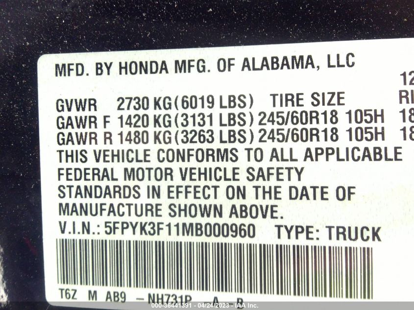 2021 HONDA RIDGELINE SPORT - 5FPYK3F11MB000960