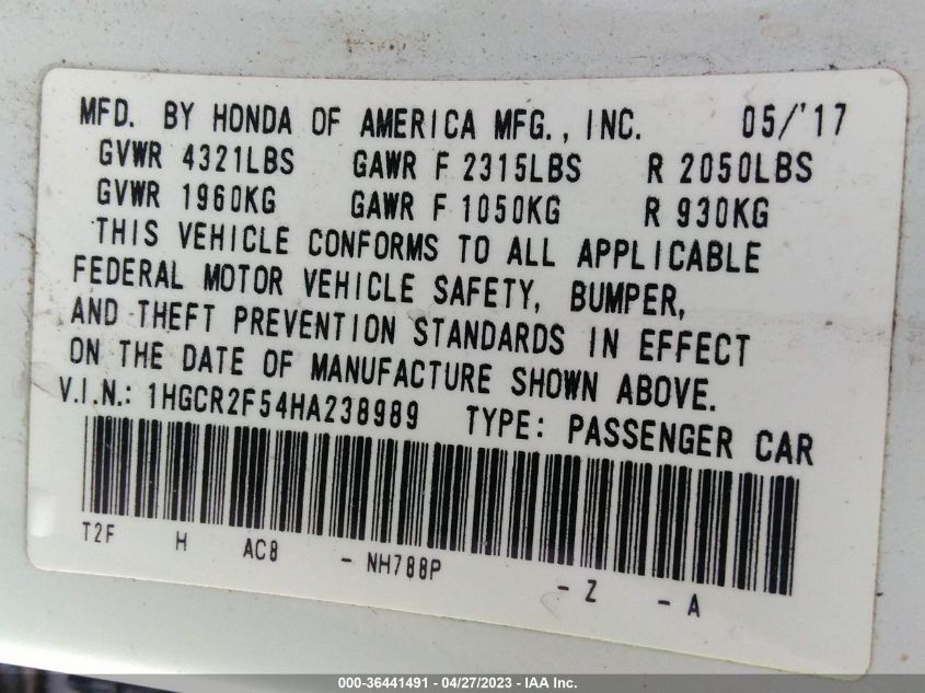 2017 HONDA ACCORD SEDAN SPORT - 1HGCR2F54HA238989