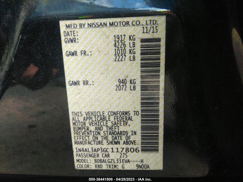 2016 NISSAN ALTIMA 2.5 S - 1N4AL3AP3GC117806