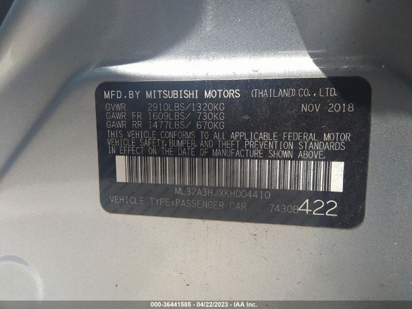 2019 MITSUBISHI MIRAGE ES/RF - ML32A3HJXKH004410