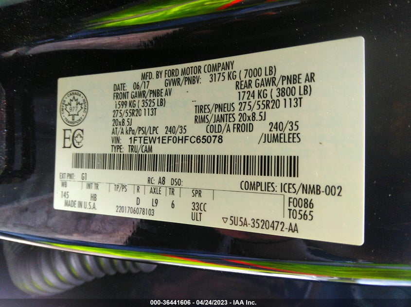 VIN 1FTEW1EF0HFC65078 2017 FORD F-150 XL/XLT/LARIAT