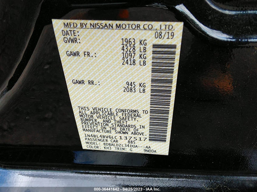 VIN 1N4BL4BV6LC137517 2020 NISSAN ALTIMA 2.5 S