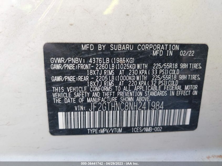 2022 SUBARU CROSSTREK LIMITED - JF2GTHNC8NH241984