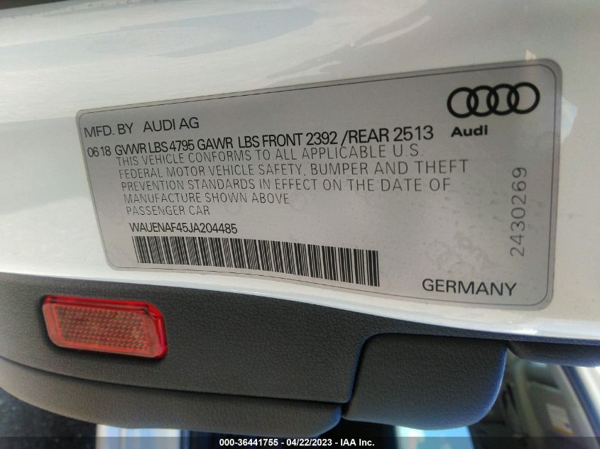 2018 AUDI A4 PREMIUM PLUS - WAUENAF45JA204485