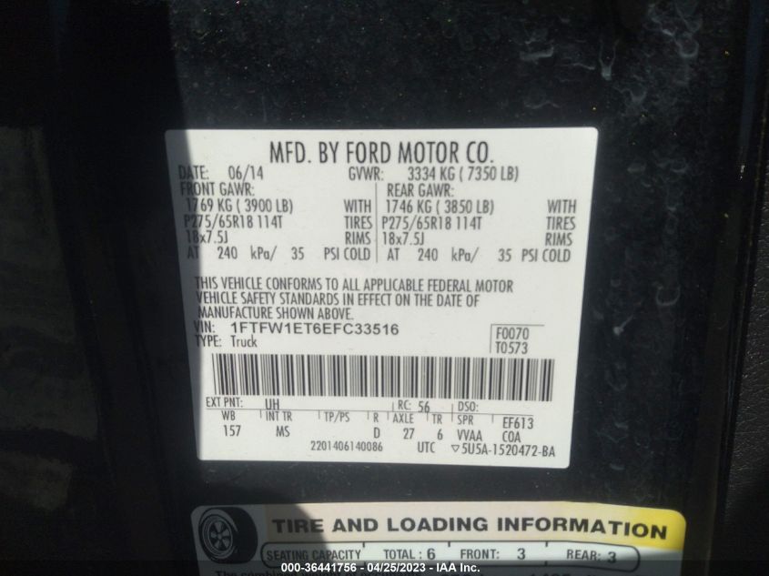 2014 FORD F-150 XL/XLT/FX4/LARIAT - 1FTFW1ET6EFC33516