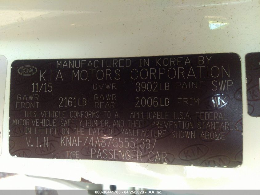 2016 KIA FORTE EX - KNAFZ4A87G5551337