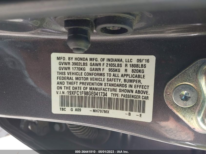 2016 HONDA CIVIC SEDAN TOURING - 19XFC1F98GE041734