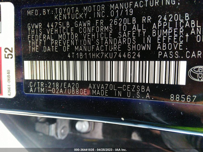 2019 TOYOTA CAMRY LE/SE/XLE/L - 4T1B11HK7KU744624