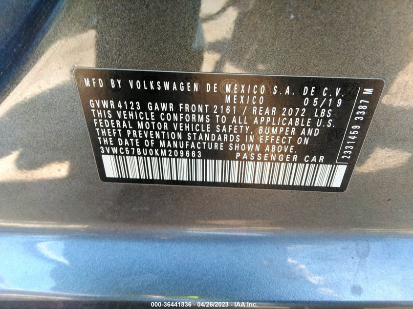 VIN 3VWC57BU0KM209663 2019 VOLKSWAGEN JETTA S/SE/R-LINE