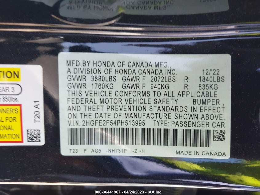 VIN 2HGFE2F54PH513995 2023 HONDA CIVIC SEDAN SPORT