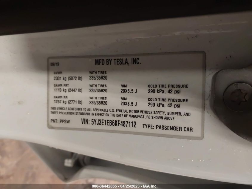 2019 TESLA MODEL 3 LONG RANGE/PERFORMANCE - 5YJ3E1EB6KF487112