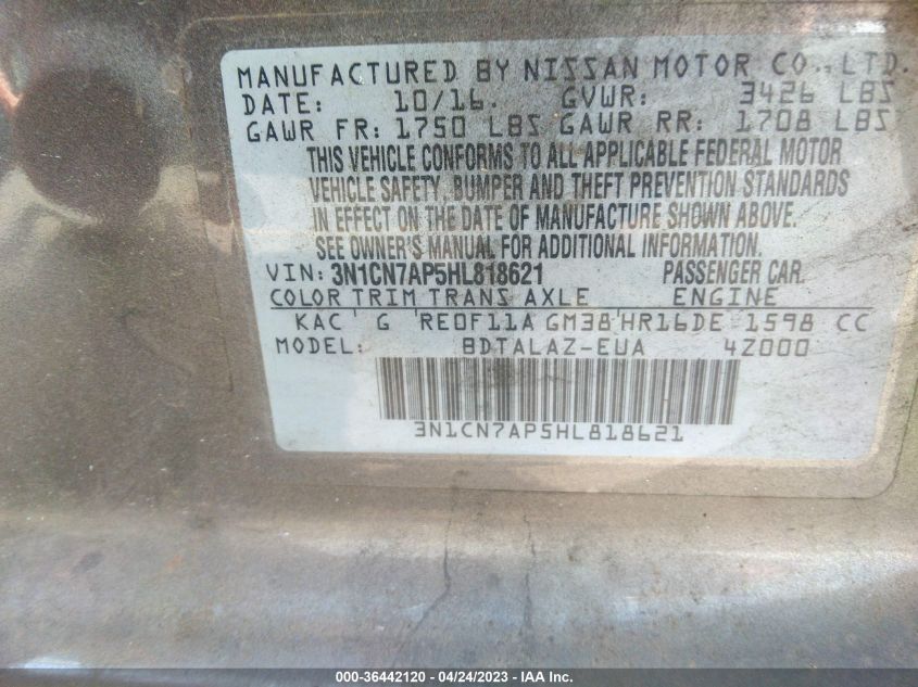 2017 NISSAN VERSA SEDAN S PLUS - 3N1CN7AP5HL818621