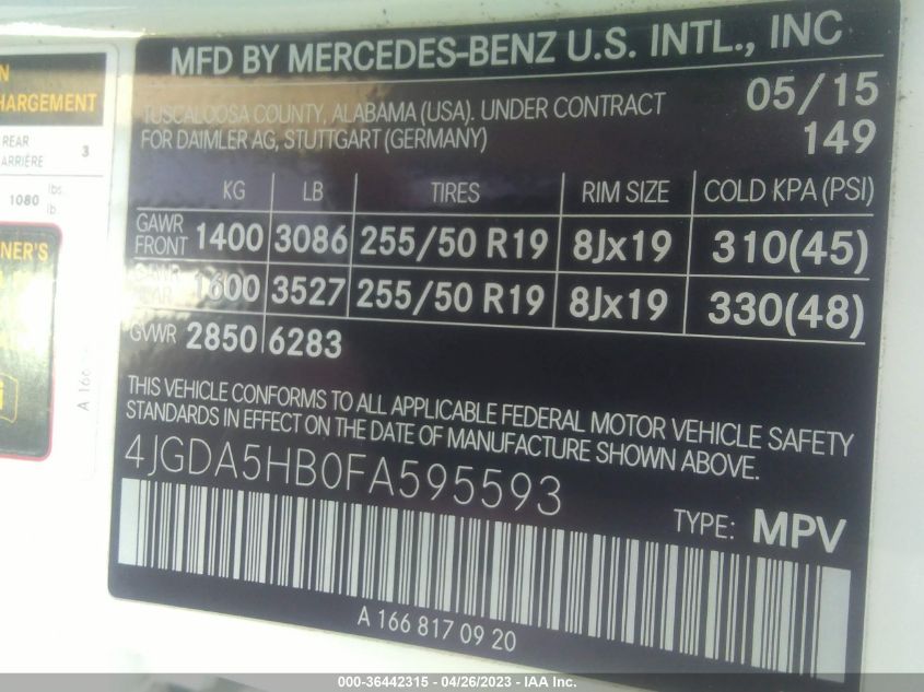 2015 MERCEDES-BENZ M-CLASS ML 350 - 4JGDA5HB0FA595593