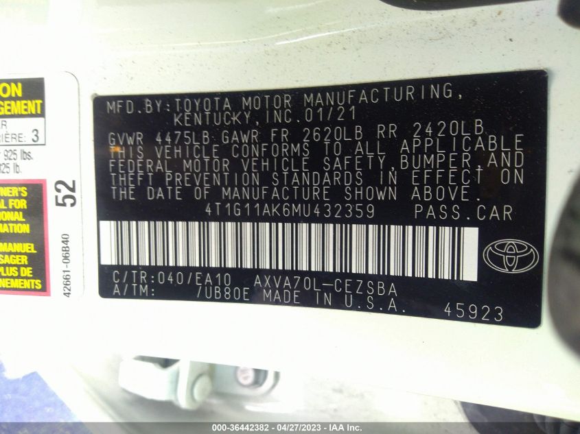 2021 TOYOTA CAMRY SE - 4T1G11AK6MU432359