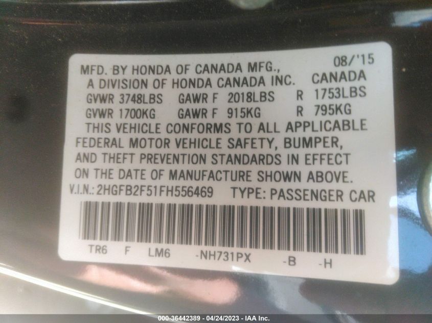 2015 HONDA CIVIC SEDAN LX - 2HGFB2F51FH556469