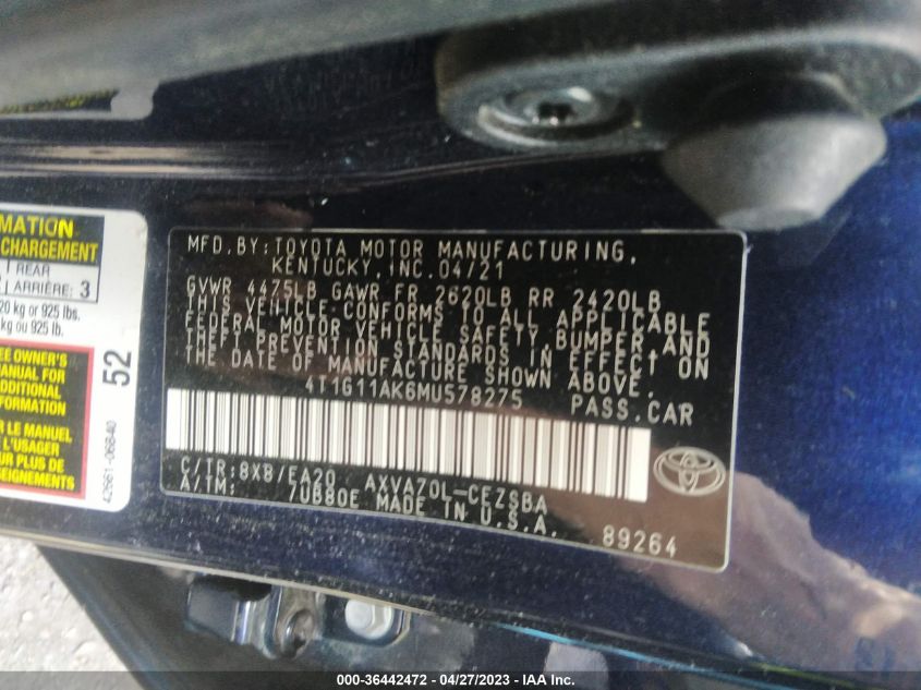 2021 TOYOTA CAMRY SE - 4T1G11AK6MU578275