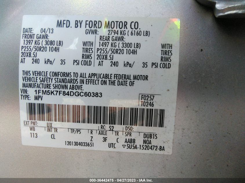 2013 FORD EXPLORER LIMITED - 1FM5K7F84DGC60383