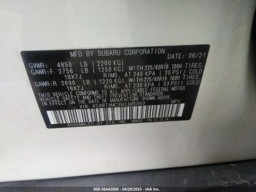 2022 SUBARU OUTBACK LIMITED - 4S4BTAMCXN3106869