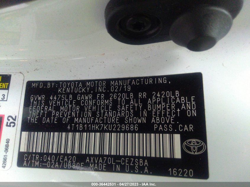 2019 TOYOTA CAMRY LE/SE/XLE/L - 4T1B11HK7KU229686