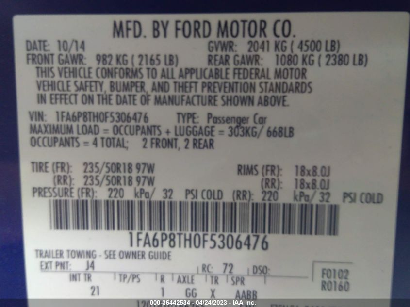 2015 FORD MUSTANG ECOBOOST - 1FA6P8TH0F5306476