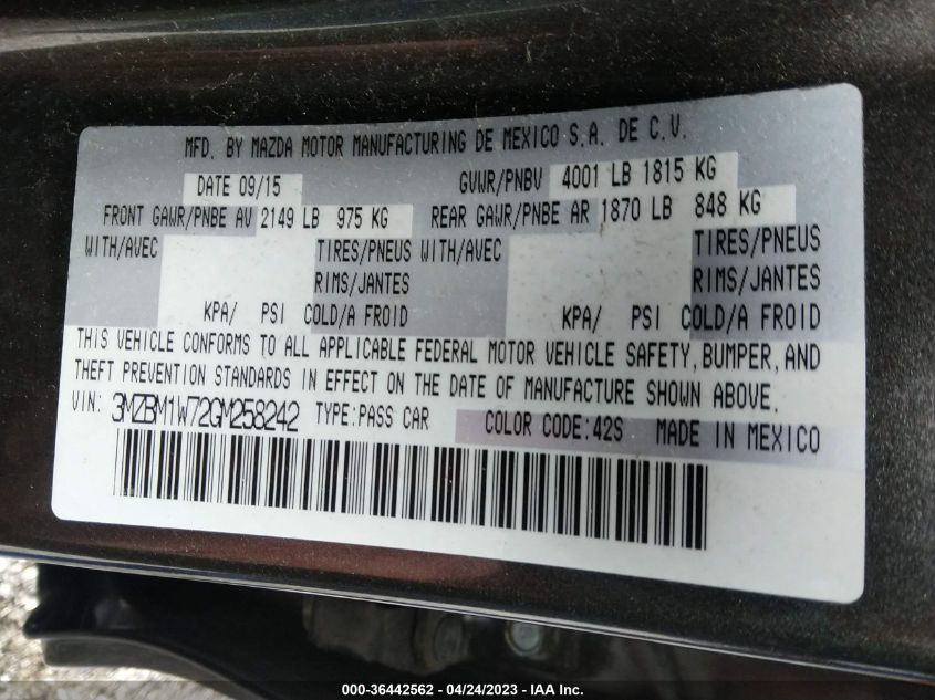 2016 MAZDA MAZDA3 I TOURING - 3MZBM1W72GM258242