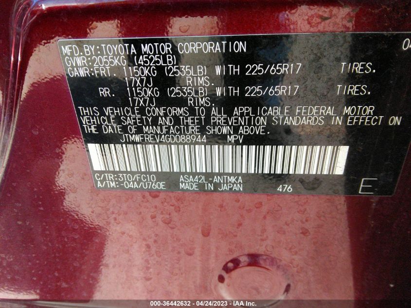 2016 TOYOTA RAV4 XLE - JTMWFREV4GD088944