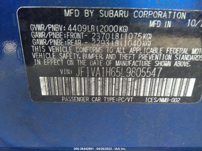 2020 SUBARU WRX LIMITED - JF1VA1H65L9805547