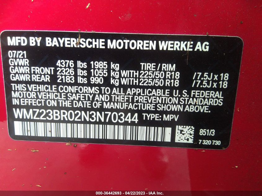 2022 MINI COUNTRYMAN COOPER - WMZ23BR02N3N70344