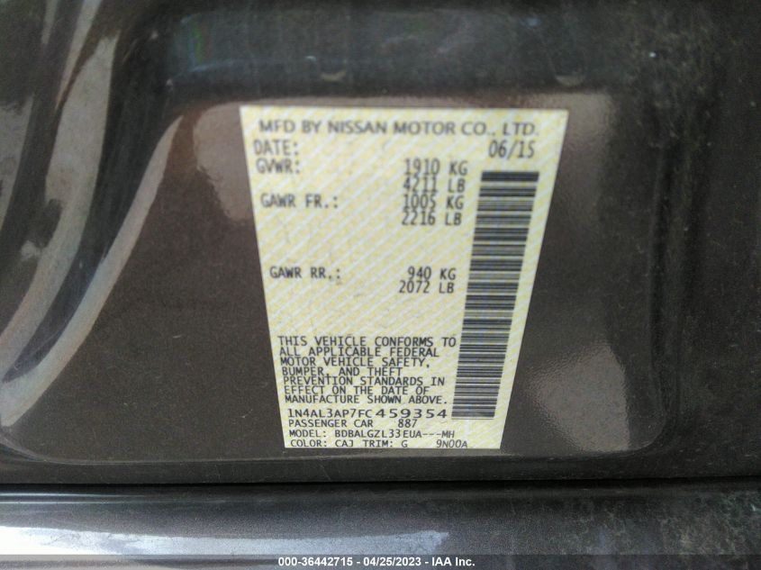 2015 NISSAN ALTIMA 2.5 S - 1N4AL3AP7FC459354