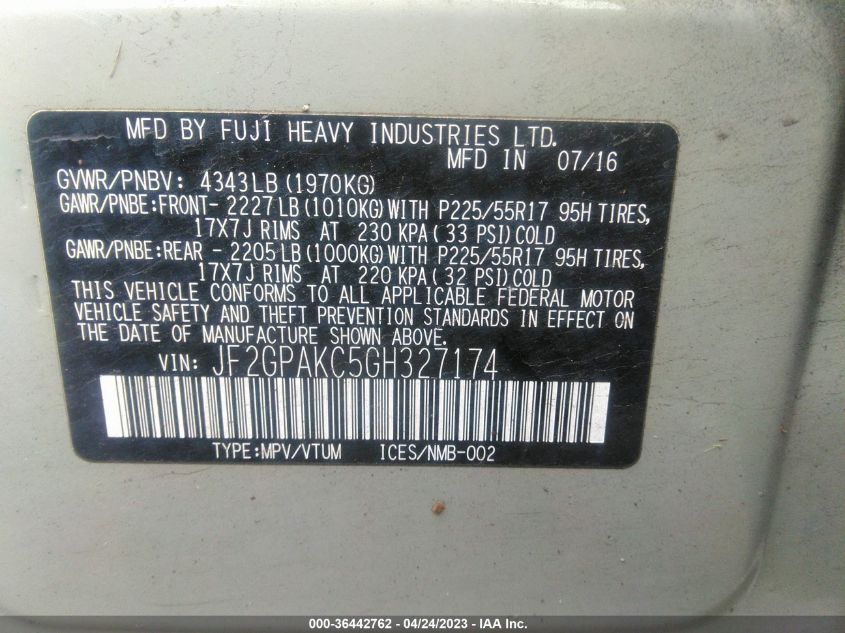 2016 SUBARU CROSSTREK LIMITED - JF2GPAKC5GH327174