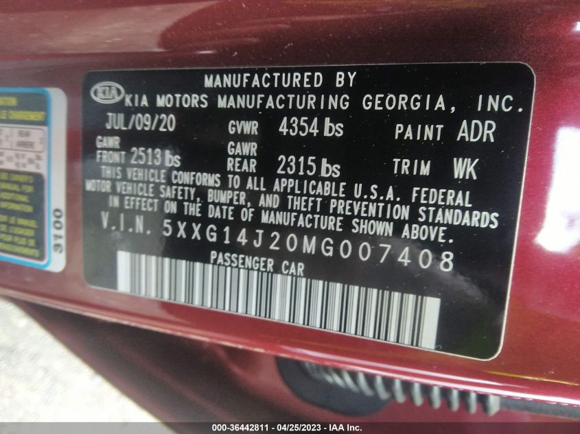 2021 KIA K5 LXS - 5XXG14J20MG007408