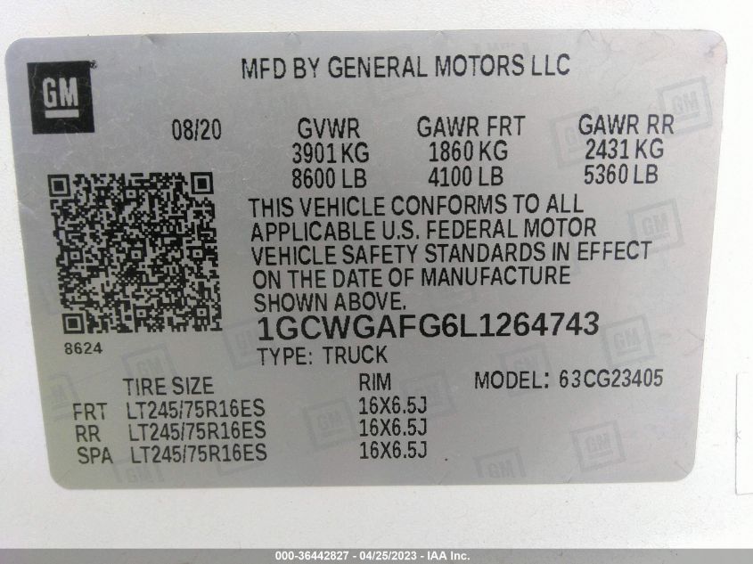 2020 CHEVROLET EXPRESS CARGO VAN - 1GCWGAFG6L1264743