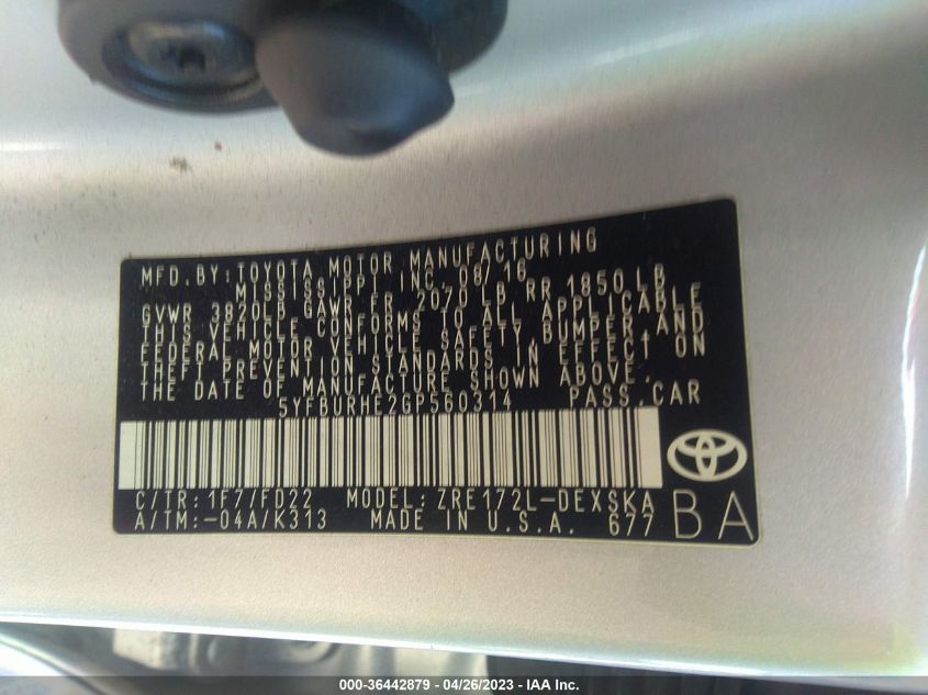 2016 TOYOTA COROLLA L/LE/S/S PLUS/LE PLUS - 5YFBURHE2GP560314