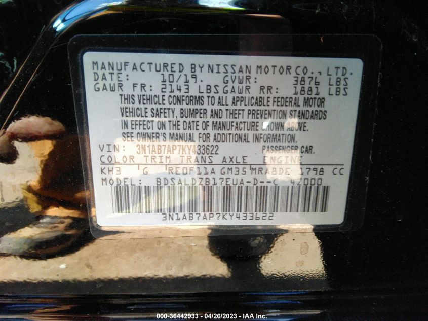 2019 NISSAN SENTRA SV - 3N1AB7AP7KY433622
