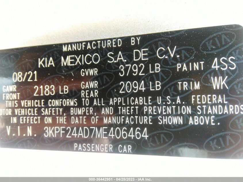 2021 KIA FORTE LXS - 3KPF24AD7ME406464